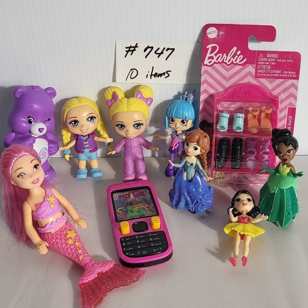 Lot of 10 Dolls Toys: Barbie Extra, Care Bear, Princesses, Mermaid, Cell Phone - Picture 2 of 4